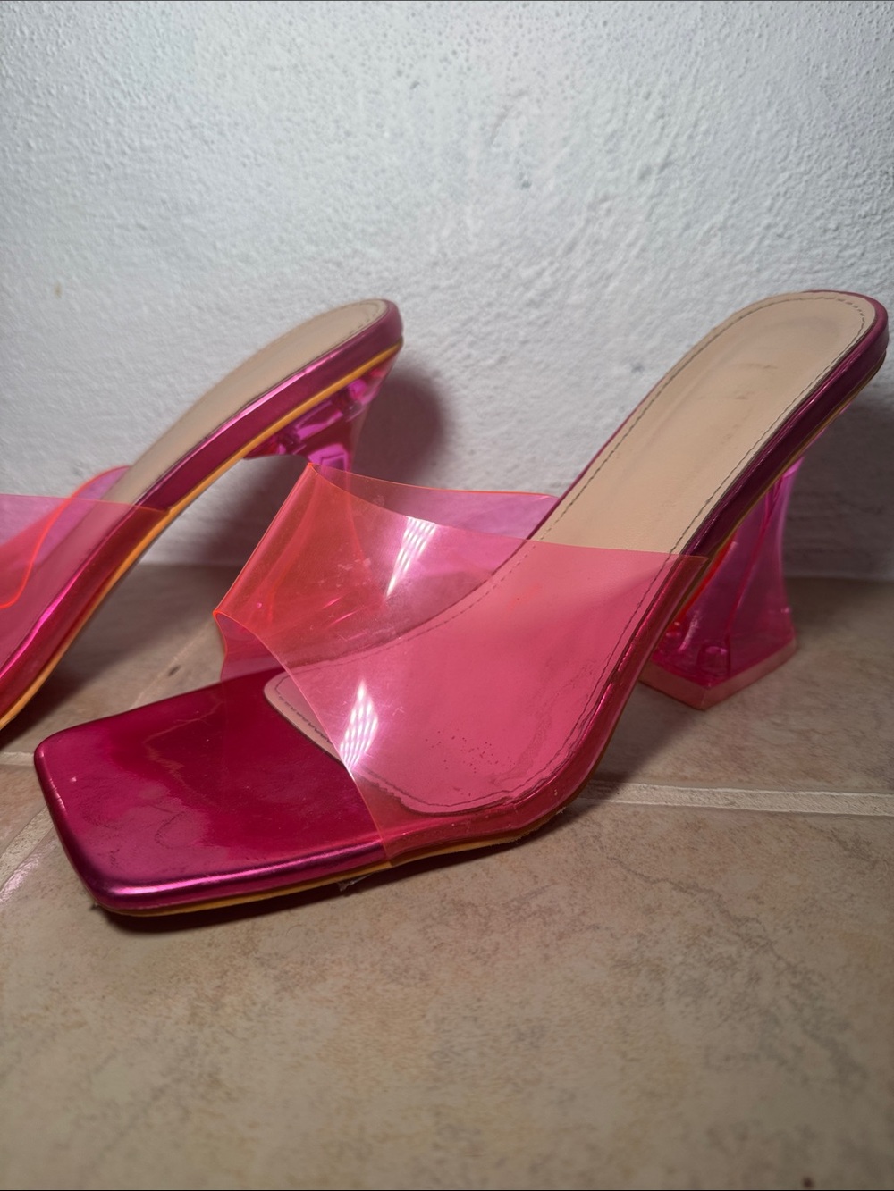 Clear Pink Block Heel Mules - Women